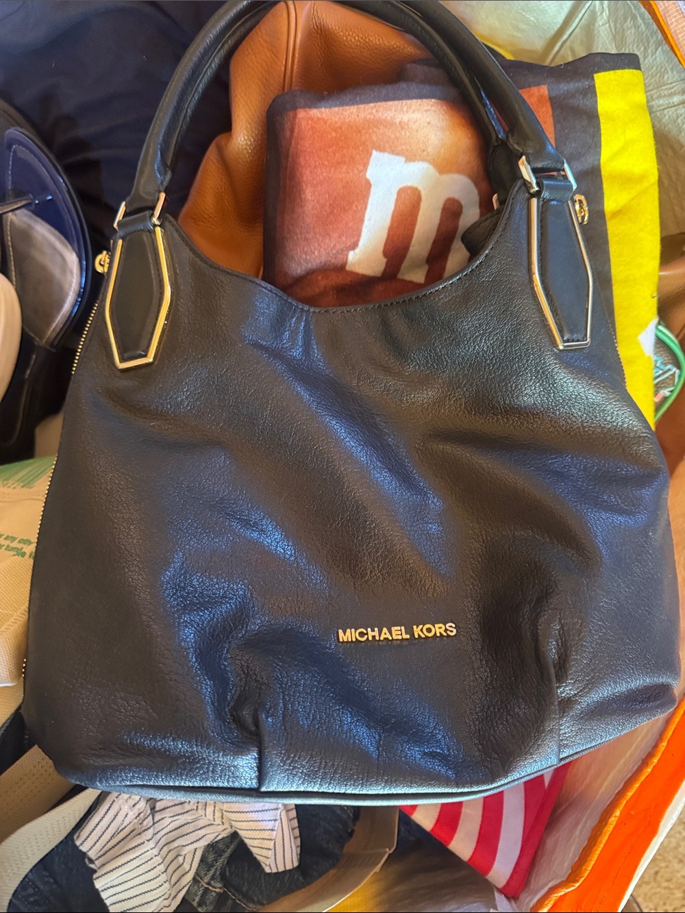 Michael Kors Black Leather Tote with Gold Accent Hardware